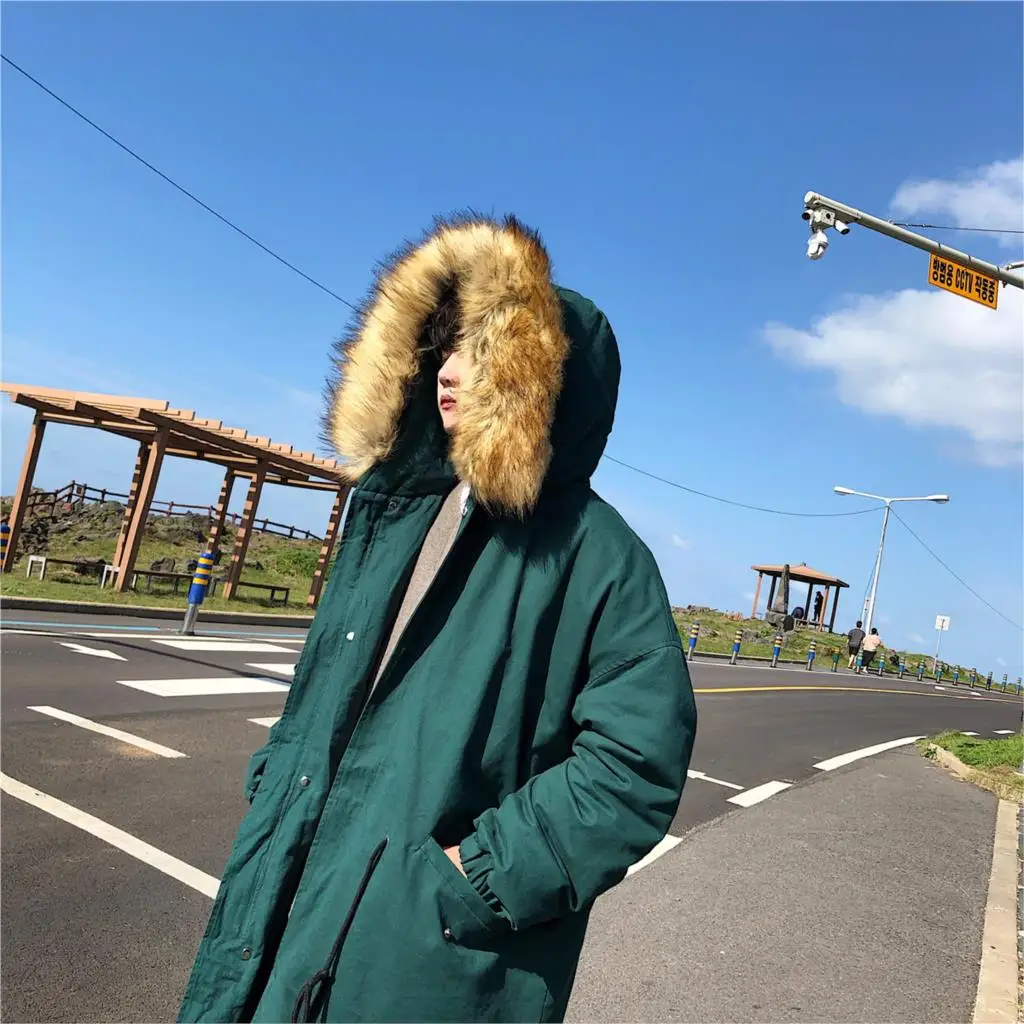 Privathinker, мужские длинные зимние куртки с большим меховым воротником и капюшоном, мужские парки, модные зимние пальто, мужские утепленные куртки - Цвет: Green(AsianSize)