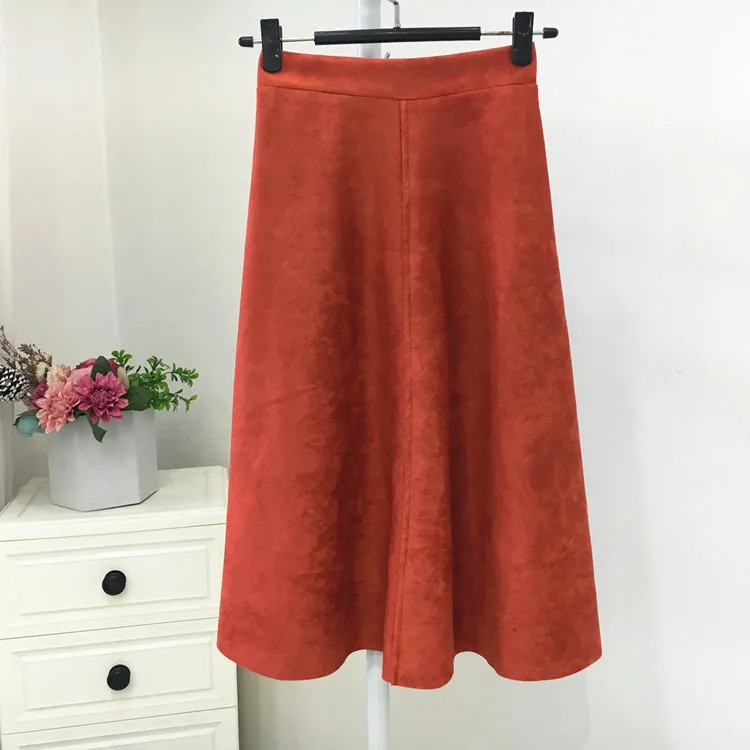 orangered Женская замшевая юбка средней длины, теплая зимняя винтажная трапециевидная юбка, черная юбка средней длины с высокой талией для женщин, Женская Корейская желтая Осенняя юбка - Цвет: orangered