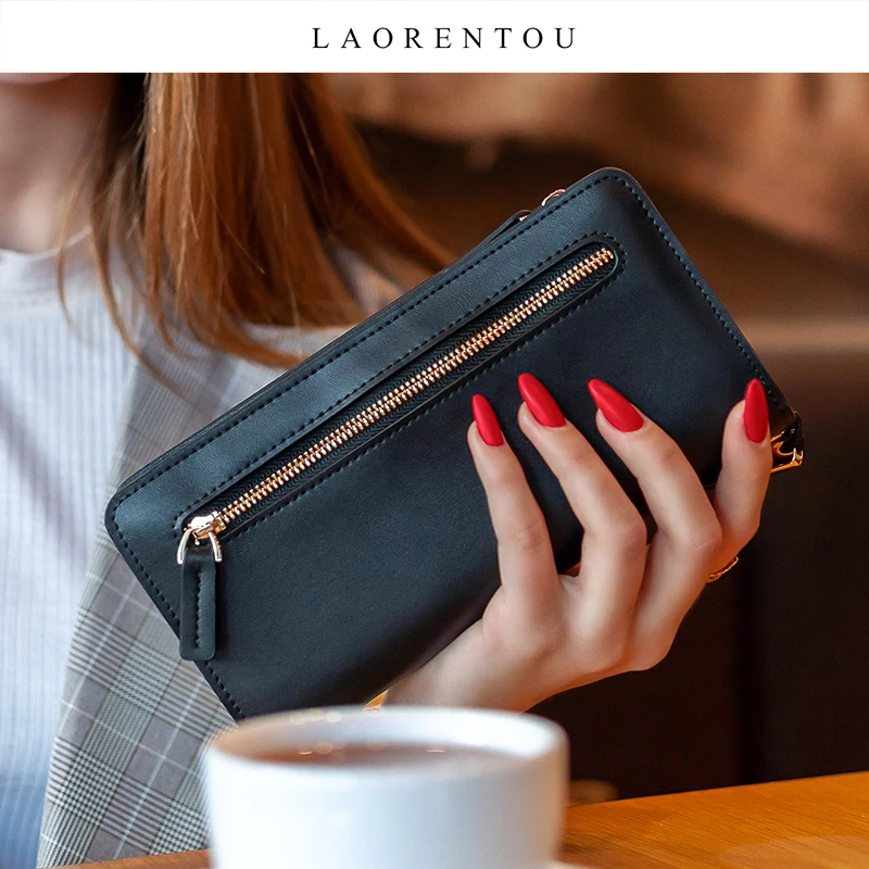 

LAORENTOU Cowhide Business Women Large Capacity Card Slot Cash Money Bag Passport Clutch Bag Leather Ladies Wallet Coin Holder