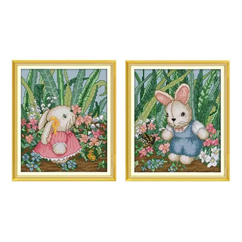 

Lovely Rabbit Boy and Girl Counted Cross Stitch Kits 14CT 11CT Printed Fabric Embroidery Set Needlework Sewing Crafts Wall Decor