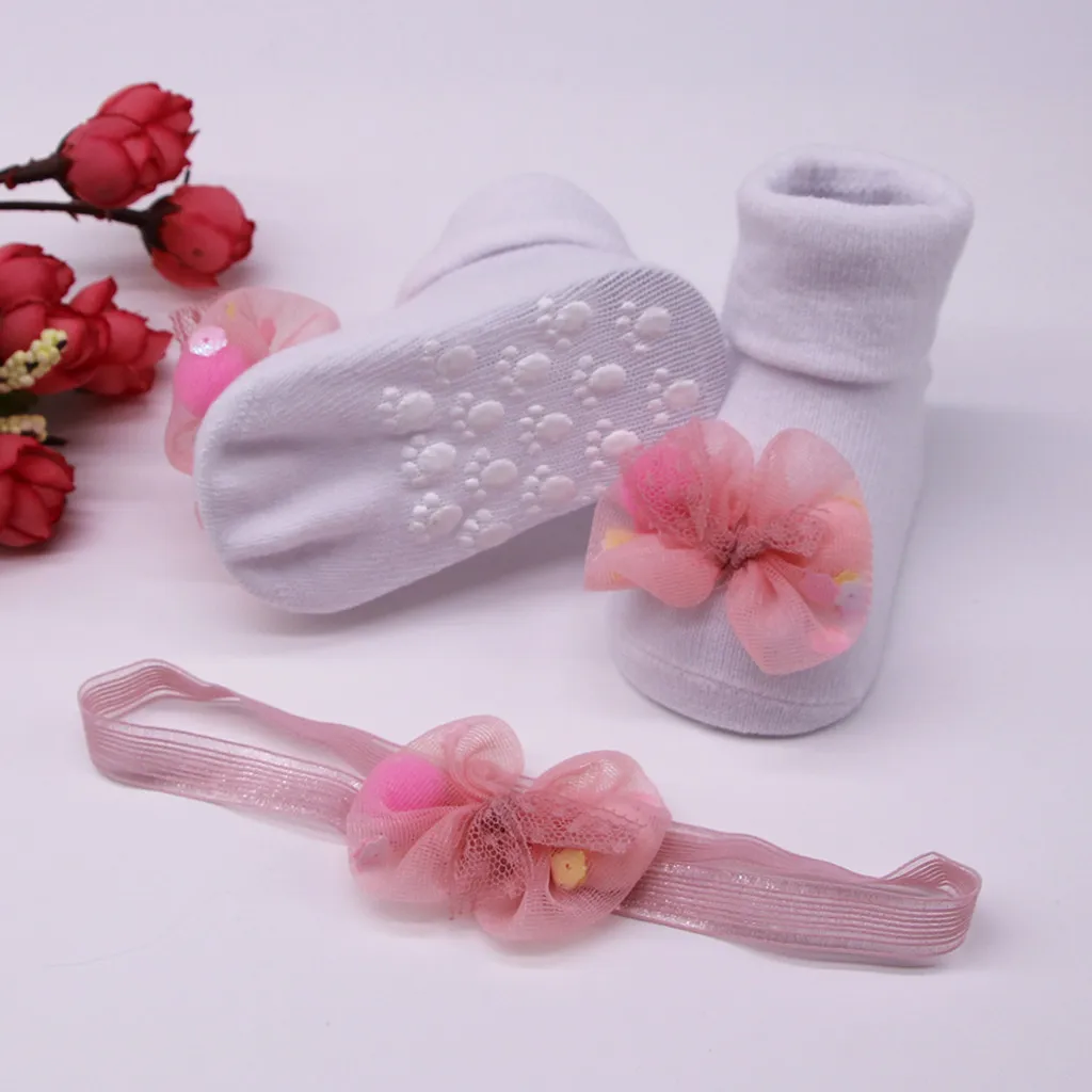 Носки для маленьких девочек, носки для малышей+ 1 шт., пояс для волос, Нескользящие однотонные хлопковые теплые зимние носки с аппликацией для маленьких девочек, sokken