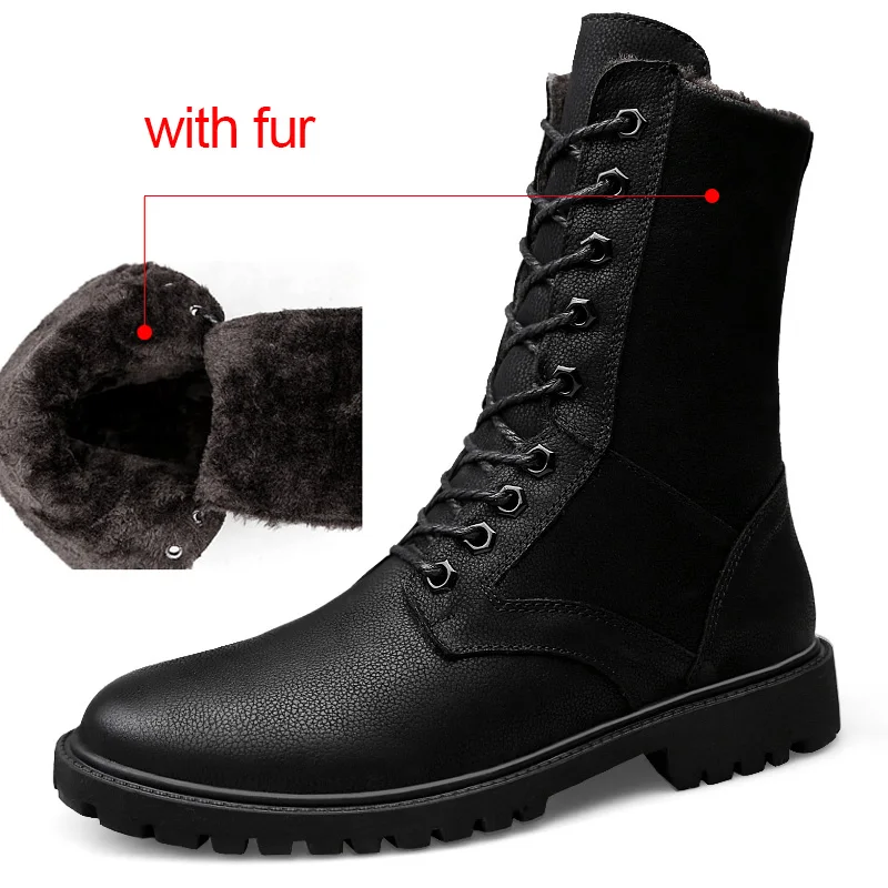 BLACK WITH FUR Женские ботильоны в стиле милитари; тактическая обувь из натуральной кожи в готическом стиле; обувь унисекс на низком каблуке в стиле панк; сезон осень-зима; коллекция года - Цвет: BLACK WITH FUR