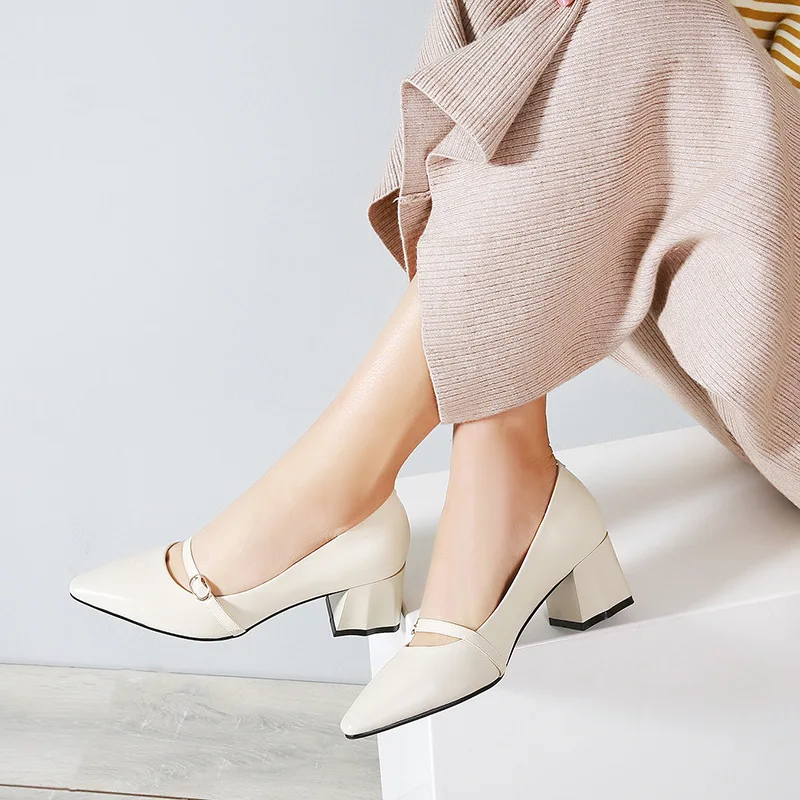 

2019 Spring New Style Ozhouzhan WOMEN'S Genuine Leather Shoes Full-grain Leather Chunky Heel Pointed Belt Buckle Shallow Mouth S