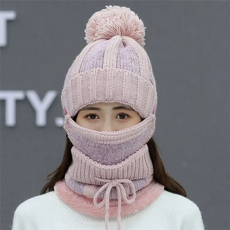 Новые брендовые зимние шапки женские защитные шапочки с ушками Skullies Hat с нагрудником наборы масок 3 женские теплые бархатные толстые шерстяные шапки для верховой езды - Цвет: Розовый