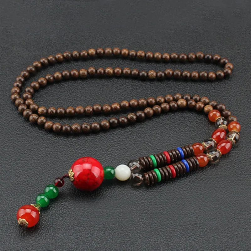 

Vintage Nepal Long Buddhist Mala Wood Beaded Pendant & Necklace Ethnic Bohemian Boho Buddha Lucky Jewelry for Women Men