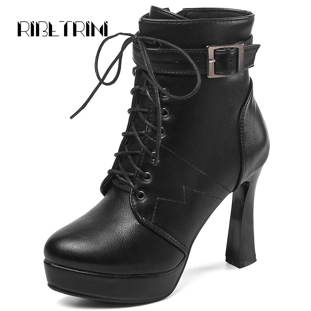 

RIBETRINI Fashion Ankle Boots Women Sexy High Heels Round Toe Platform Shoes Woman Lace Up Buckle Belt Strappy Boots Big Size