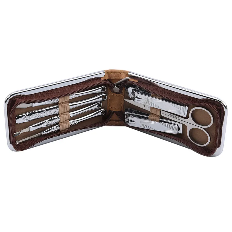 Brown Stainless Steel Manicure Knife Manicure Tool Kits Nail Clippers Nail Clippers Scissors Cuticle Pusher Suit Set 7 PCS/Set