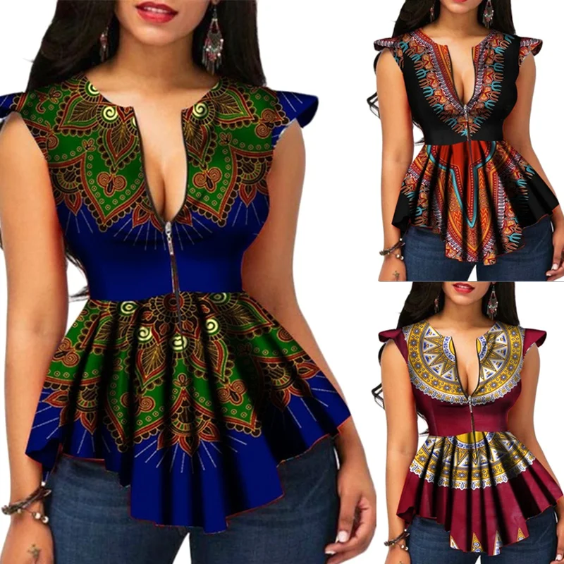 

Hot Selling Sexy Women Summer Zipper T-Shirt African Printing Top Blouse Tee Shirts Elegant Tassels Wave Pattern Dress