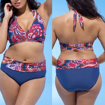 

XL-4XL Overweight Fat Big Women Swimwear Large Bikini Print Flower Swimsuit Women Plus Size High Waist Two Pcs Swimwear Big Size