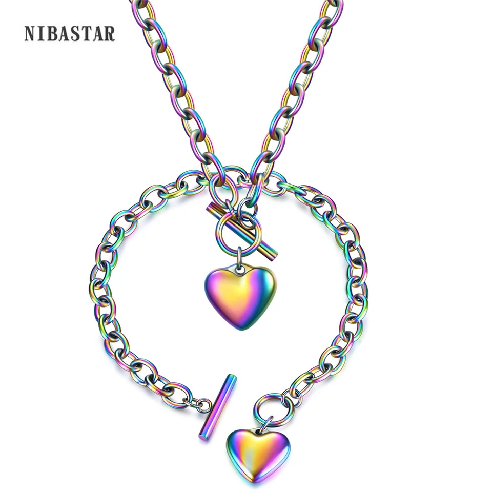 NIBASTAR Rainbow Heart Jewelry Set - Stainless Steel Necklace & Bracelet For Women, Girls, Gift Set (Necklace + Bracelet)