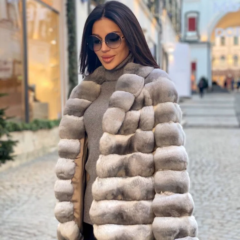 FURSARCAR Top Fashion Genuine Rex Rabbit Fur Imitate Chinchilla Color Fur Thick Warm Winter Women Wrap Coat Slim Female Coat