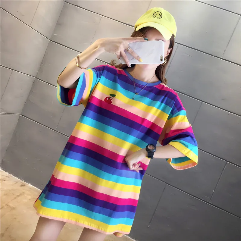 Summer Boyfriendy Loos Rainbow Striped T-shirts Women Plus Size Streetwear Harajuku Oversized T Shirt Casual Femme Tops Tees