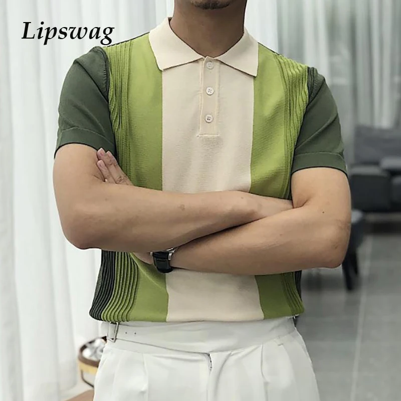 Vintage Pattern Print Patchwork Knit Polo Shirt Men Casual Button Lapel Pullover Summer Fashion Short Sleeve Slim | Мужская одежда