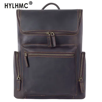 

New Retro Crazy Horse Leather Backpack Men Shoulder Bag Male Laptop Schoolbag Travel Backpack Computer Bag First Layer Leather