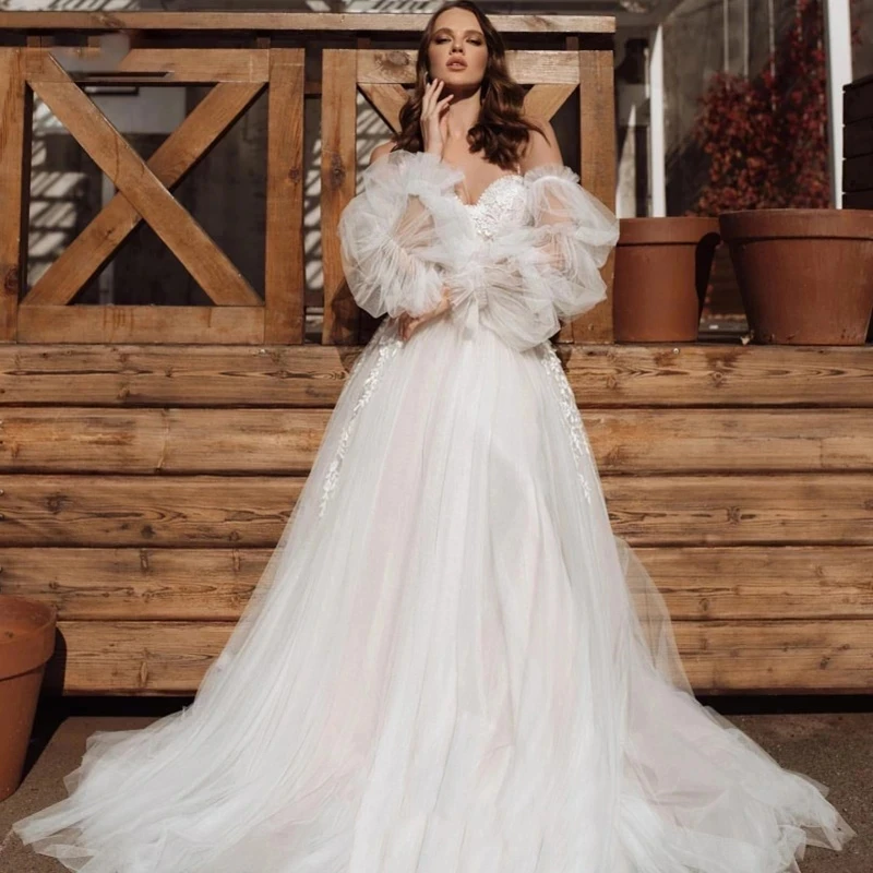 

Винтажные тюлевые свадебные платья 2022 с пышными рукавами, Кружевная аппликация с открытыми плечами, женское платье на заказ