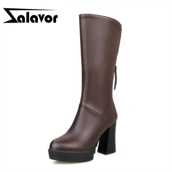 

ZALAVOR New High Heels Women Boots Thick Heels Mid Calf Boots Platform Women Shoes Office Ladies Winter Boots Size 34-39