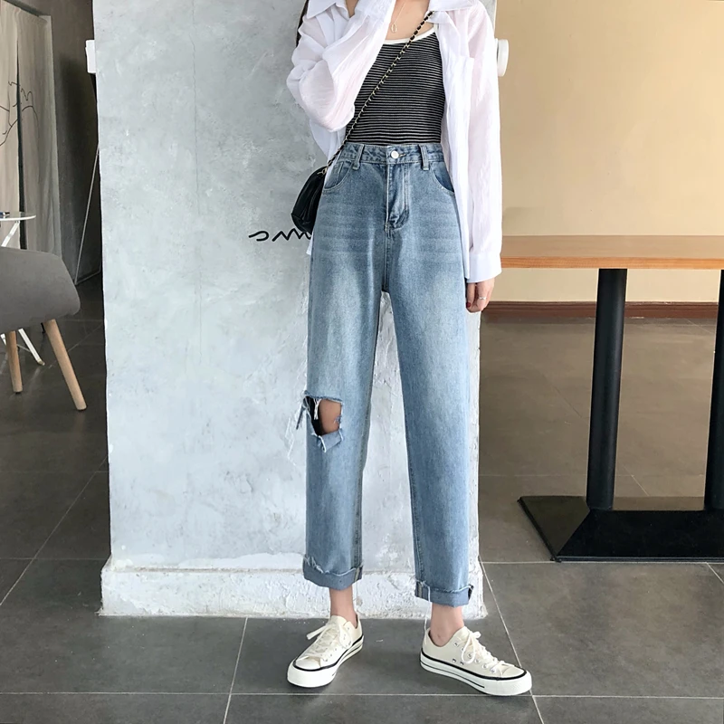 Pantalones vaqueros cintura alta con agujeros que adelgazan a pantalones flojos rectos Capri mujer - Ropa de mujer