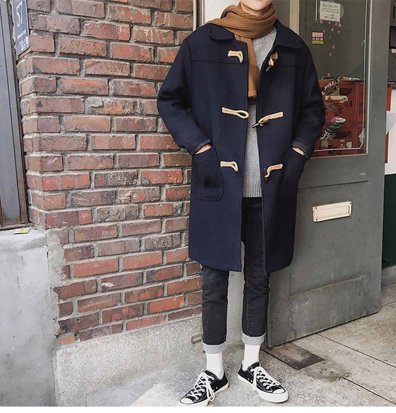 Тонкий мужской пальто с воротником черный корейский вещевой мужской шерстяной смесь пальто кнопки мужские длинные пальто
