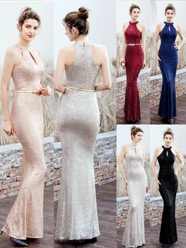 

2020 New Women Sequined Dress Halter Sleeveless Mermaid Party Long Dresses Ladies Solid Sexy Robes Elegant Formal dress