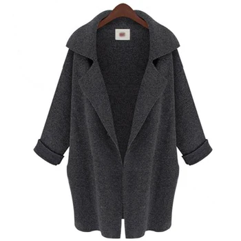 

Solid Cotton Blend Button With Pockets Fashion Warm Winter Outwear Women Jacket Loose Lapel Neck Mid Length Knitting Long Sleeve