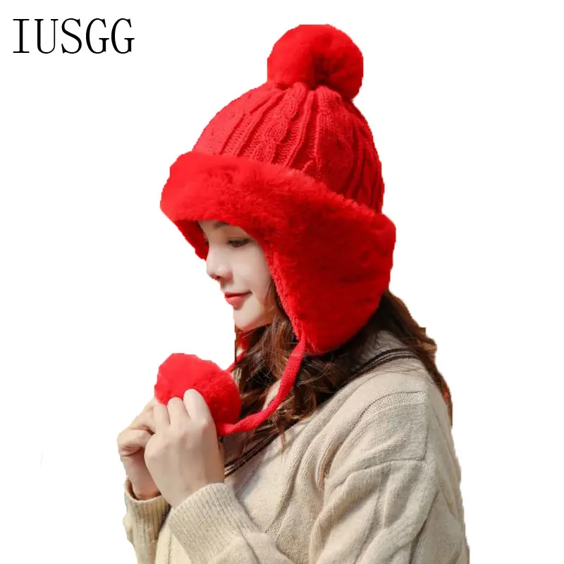 

Plush Ball Fleece Warm Hat Female Winter Hat Ear Protection Earflap Snow Caps Keep Warm Ear Protection Bomber Hats Earmuffs Caps