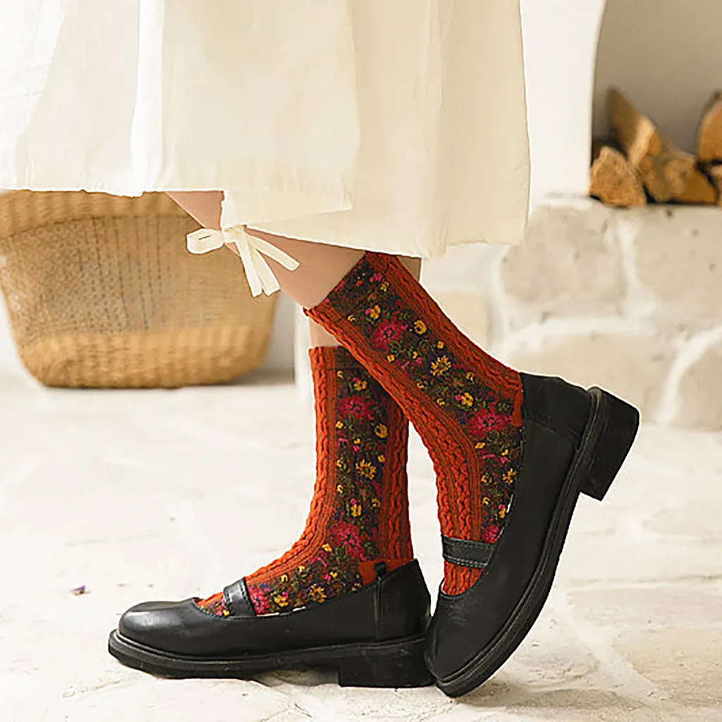 Винтажные носки женские креативные Ретро плиссированные ворсовые носки пэчворк цветные хлопковые плотные дышащие и впитывающие пот harajuku