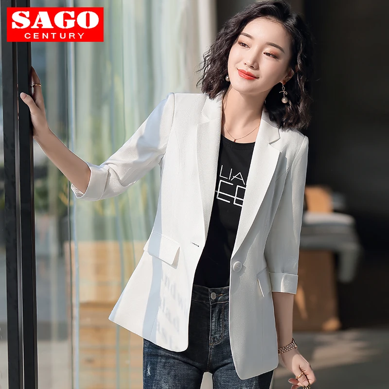 

Women Half Sleeve Chic Small Suit Blazer Jacket Formal Office Lady Step Lapel Turn Back Cuff Single Button Pocket Work Wear