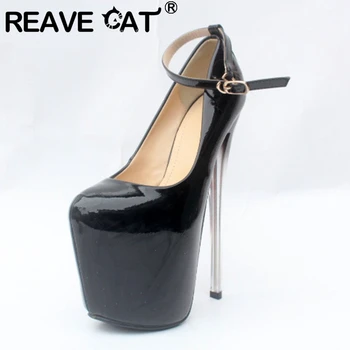 

REAVE CAT Ladies Sexy 16CM 19CM 22CM Thin Heels Concise Pumps Round Toe Patent Leather Buckle Platform Big size 34-50 Date A3031