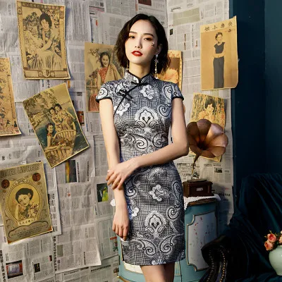 16 цветов традиционное китайское платье для женщин Мини Cheongsam Qipao одежда из шелка Ретро Qi Pao Восточный стиль несколько цветов 3XL - Цвет: 9802-white and black