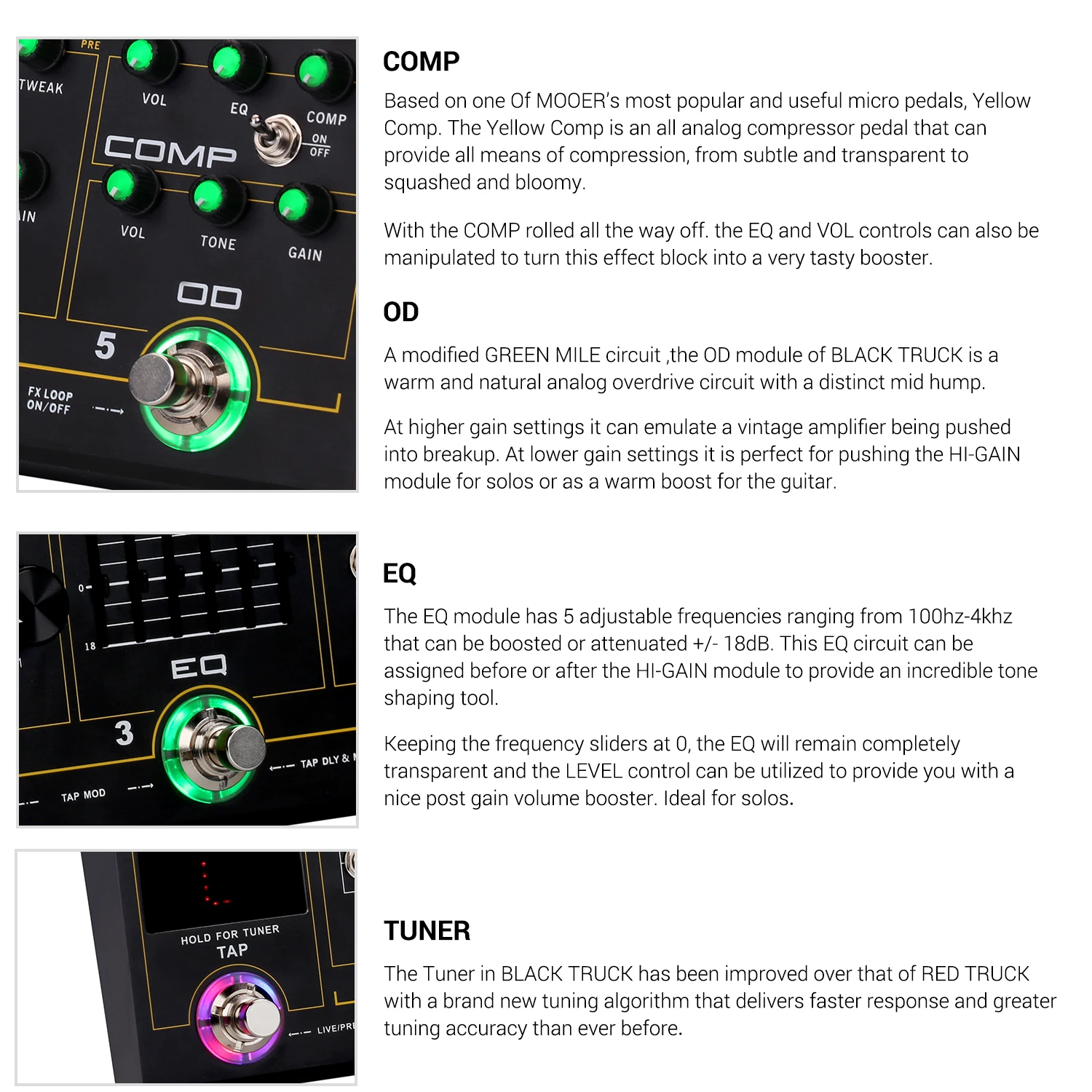 MOOER черный грузовик 6-in-1 комбинированный педаль для гитары для создания спецэффектов компрессор+ Overdrive+ искажения+ EQ+ модуляции+ отложенный сигнал/реверберации