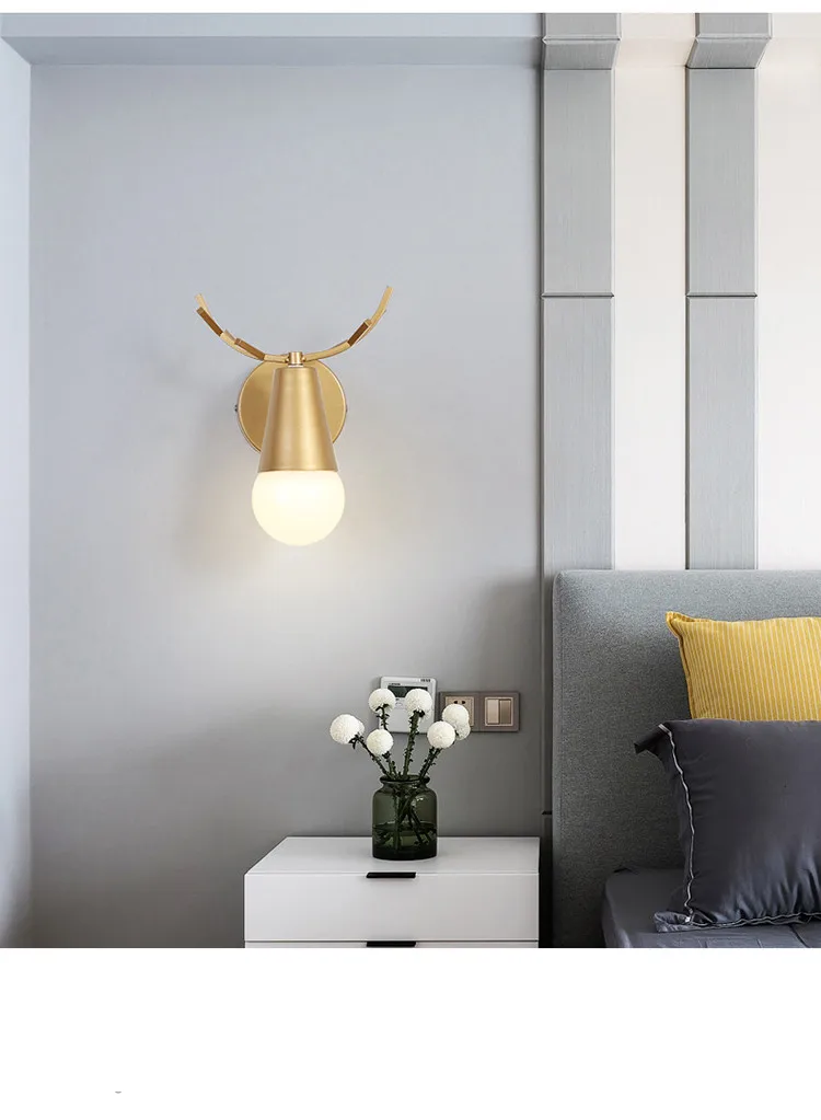 Светодиодный настенный светильник для спальни, медный современный минималистичный светильник для гостиной, светодиодный светильник для креативной личности с красной головой оленя, прикроватные лампы