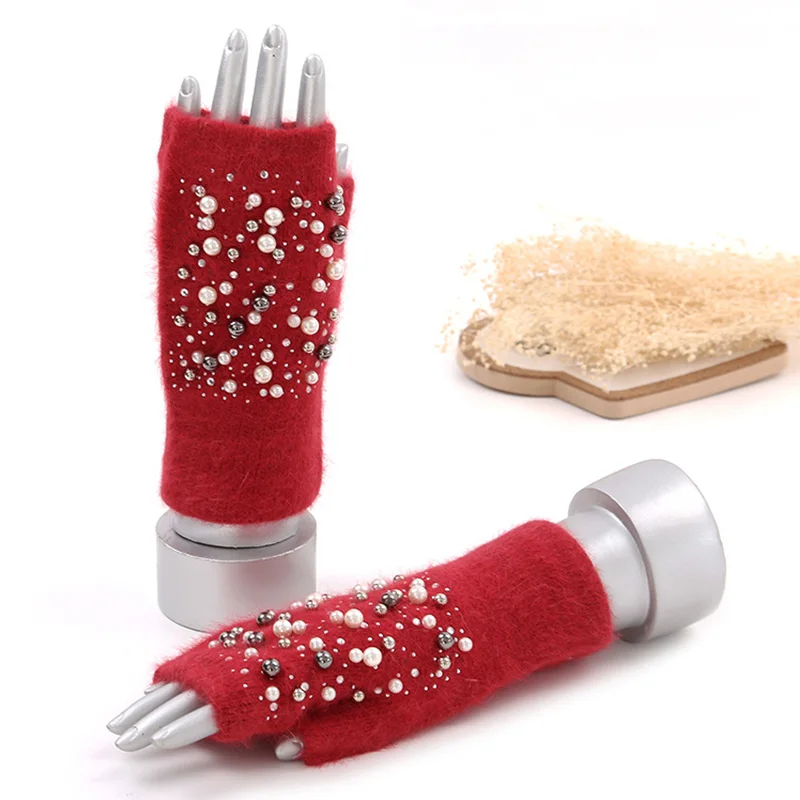 red Winter Kitted Mitten Plush Gloves Women Short Finger Half Gloves Ladies Half Cover Female Gloves Printed Snow - Color: red