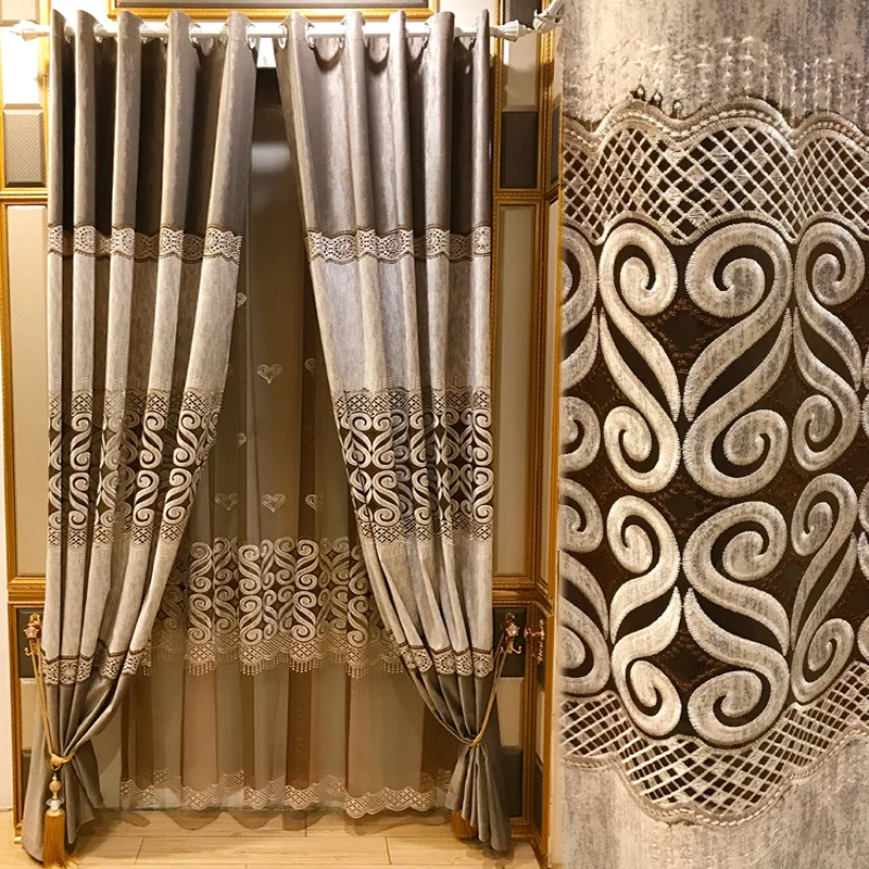 

Custom curtains European hollow flannel shading flembroidered coffee livingroom bedroom cloth blackout curtain tulle drape M749