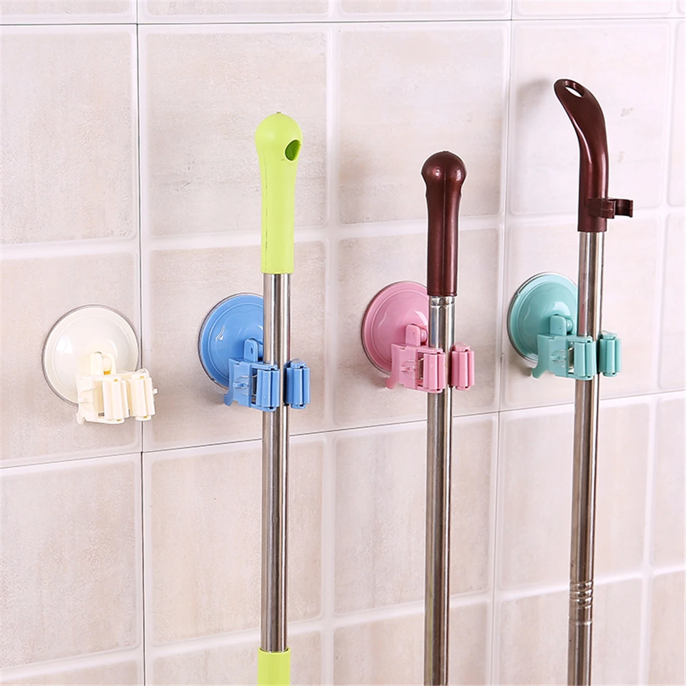 3PCS Plastic Punch free Mop Hanging Rack Bathroom Sticky Hook Broom
