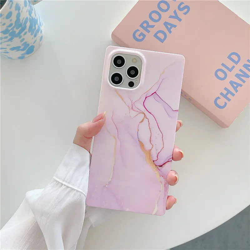 Square Vintage Marble Phone Case For iPhone 13 11 12 Pro Max X XR XS Max 7 8 Plus 11 Luxury Camera Protection Back Cover