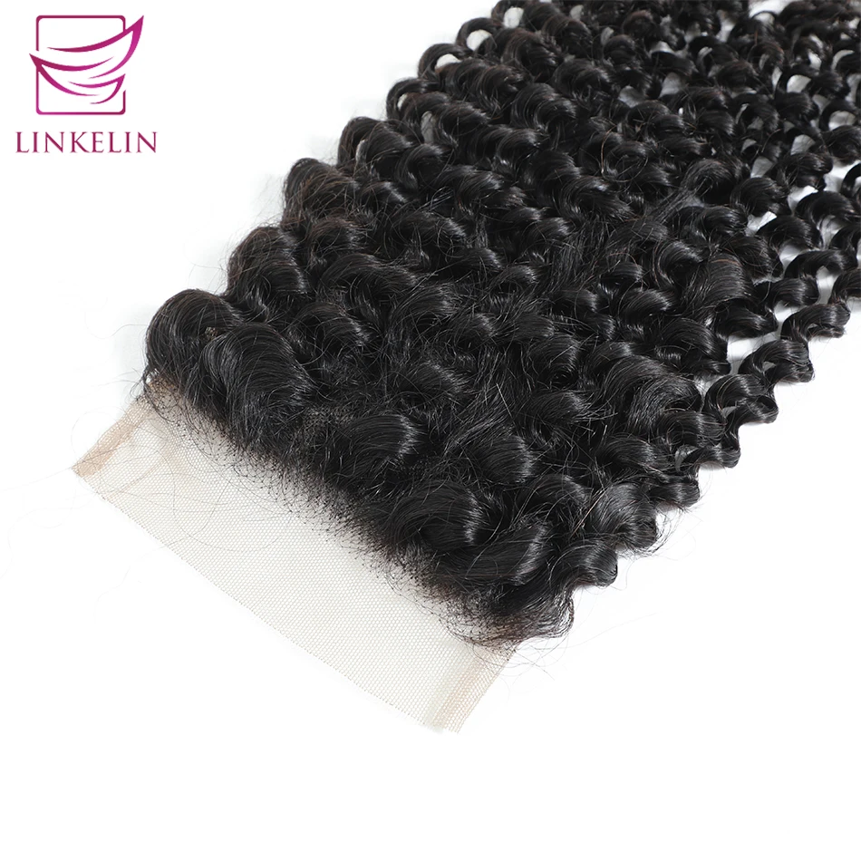LINKELIN HAIR Kinky Curly Closure 4*4 Free/Three/Middle Part Remy Human Hair Bundles 8-20 inch Swiss Lace Closure Nature Color