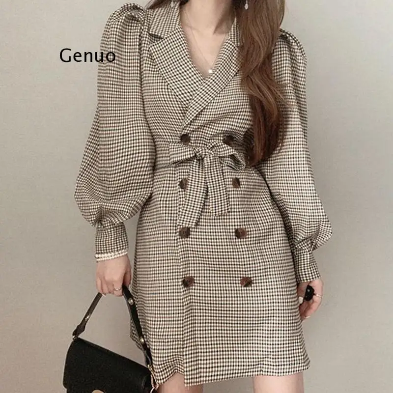 

Autumn Winter Women's Blazers Jackets Plaid Vintage Oversized Lady Puff Sleeve Lace Up Checkered Tops