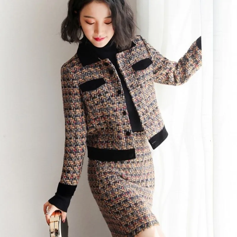 Elegant Tweed Skirts Set Women Autumn Winter Office Lady Single Breasted Short Coat Wrap Mini Skirt Two Piece Streetwear |