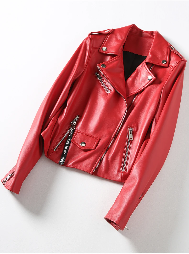 Genuine Leather Jacket Women Motorcyle Natural Sheepskin Coat Female