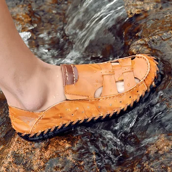 

Sandals Man 2020 genuine leather Slipper Trend Personality handmade sewing outdoor Joker Motion Leisure Time Beach Shoes