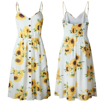 

Summer Women Dress Vintage Sexy Bohemian Floral Tunic Beach Dress Sundress Button Pocket Red White Dress Striped Female