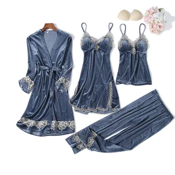 

Kimono Robe Set Velour Spring Autum Women Velvet Soft Warm 4PCS Sleepwear Intimate Lingerie Lace Bride Wedding Dressing Gown