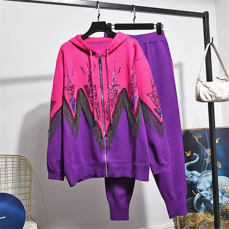 

Patchwork Hooded Knitted Tracksuit Women 2pc Cardigan Chain Tassel Cardigan Sweater Pants Set Female Loose Knit Suit Streetwear