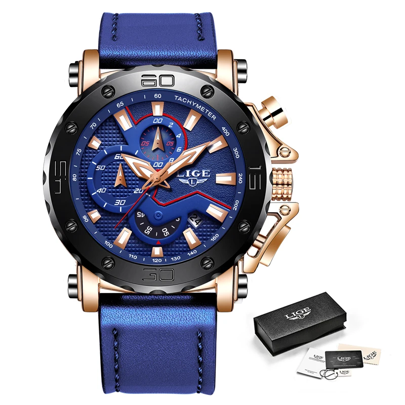 Mens Watches Lige Top Brand Luxury Big Dial Military Quartz Watch Blue Leather Waterproof Spor-6