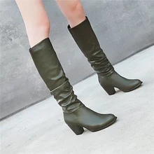 Зимняя обувь размера плюс 48 Сапоги до колена женские брендовые жокейские сапоги из искусственной кожи больших размеров повседневная женская обувь зеленого цвета на среднем каблуке