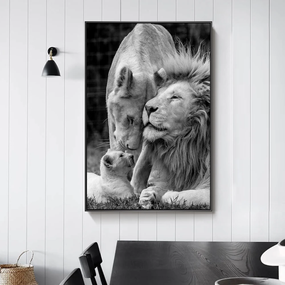 African-Lions-Family-Black-And-White-Canvas-Art-Posters-And-Prints-Animals-Canvas-Paintings-On-the
