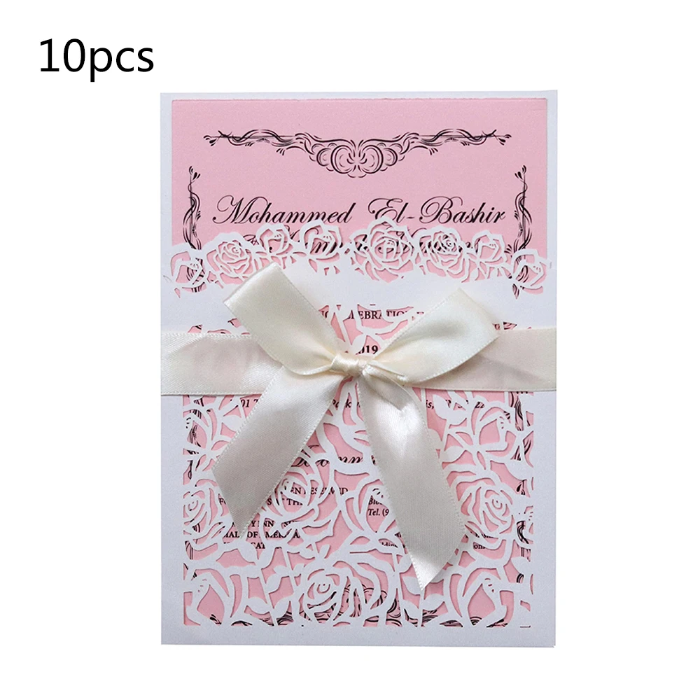  10pcs 18*12.5CM Laser Hollow Rose Group Pocket Wedding Invitation with Bow Invitation Card Decorati - 4.00054E+12