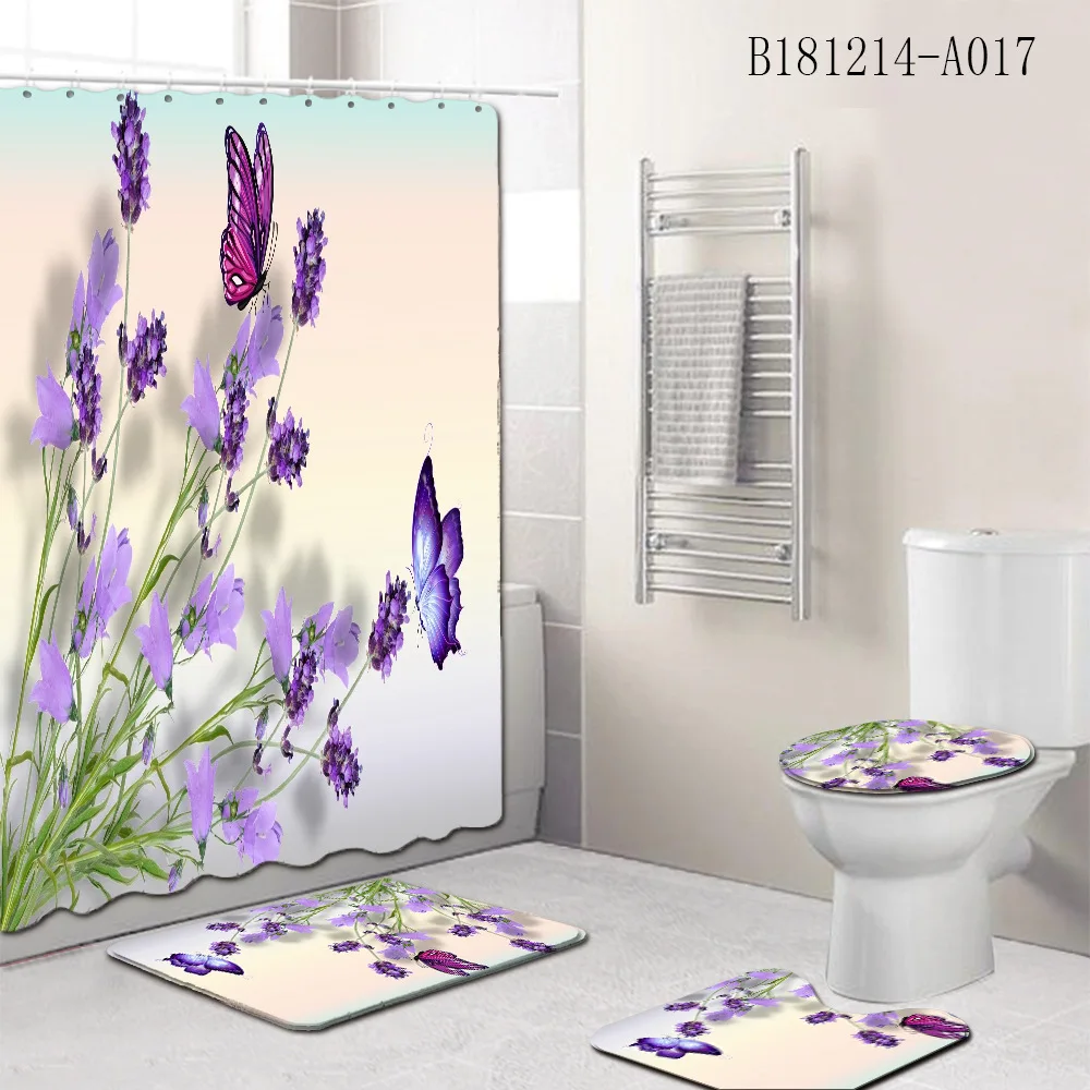 Cortina de ducha con estampado de flores para baño, juego de cortina resistente al agua, cubierta de inodoro, alfombra antideslizante, 4 Uds., novedad de 2020
