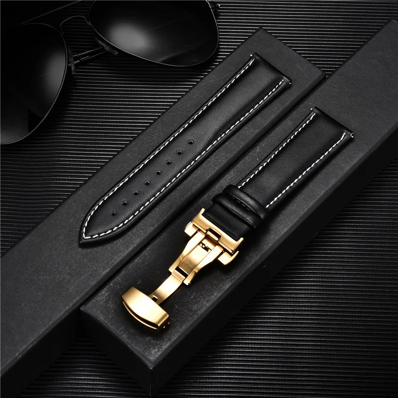 Premium Leather Watchband with Stainless Steel Butterfly Buckle