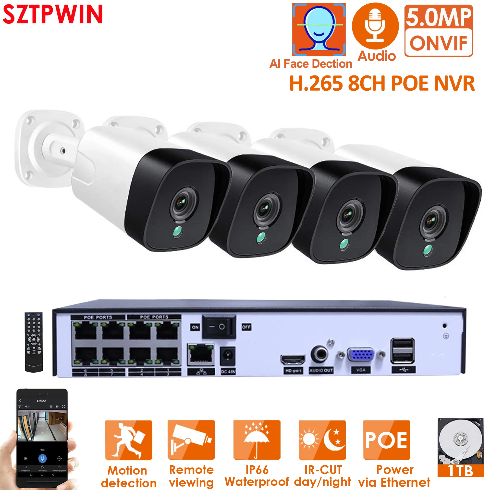 H.265+ 8CH 5MP POE Security Camera System Kit Audio Record Rj45 IP Camera IR Outdoor Waterproof CCTV Video Surveillance NVR Set